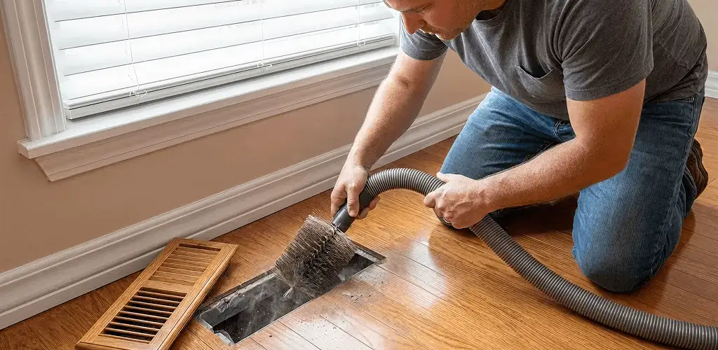 Air duct cleaning technician vacuuming a floor vent and duct opening in Duluth, MN