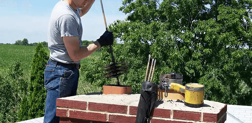 Chimney cleaning technician working on a rooftop chimney with professional tools in Duluth, MN