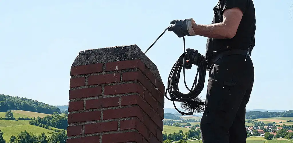 Chimney sweep inspecting and cleaning a rooftop chimney in Duluth, MN