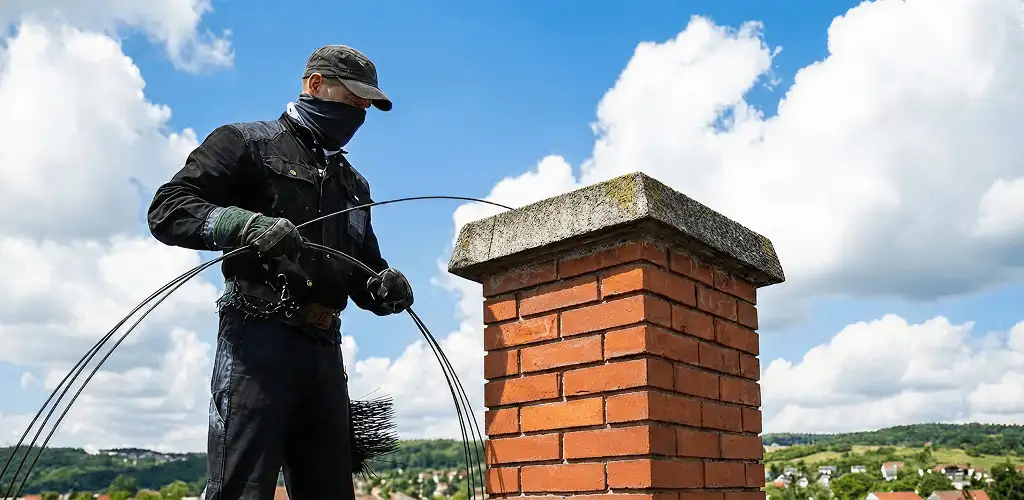 Chimney sweep cleaning a brick chimney with professional tools in Duluth, MN