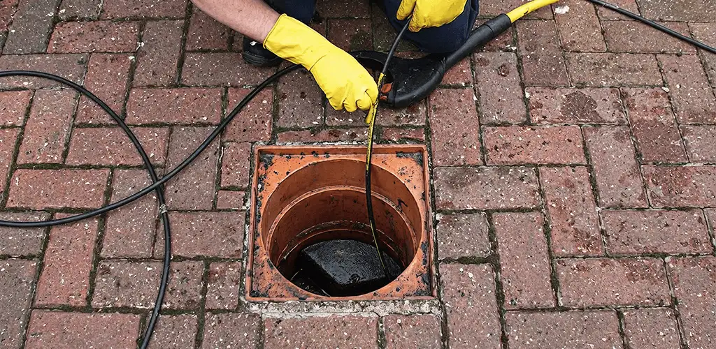 Drain cleaning technician using a drain snake to clear a clogged drain in Duluth, MN