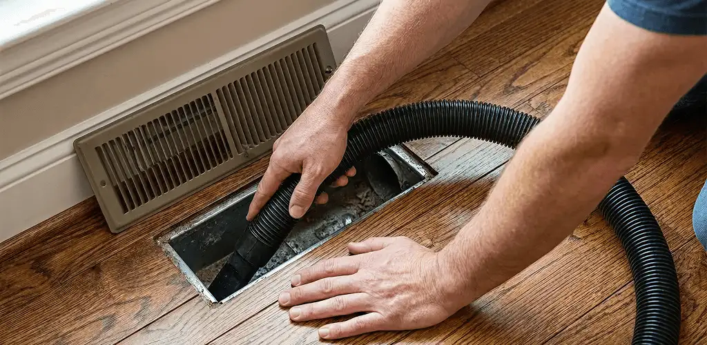 Air duct cleaning technician vacuuming a floor register and duct opening in Duluth, MN