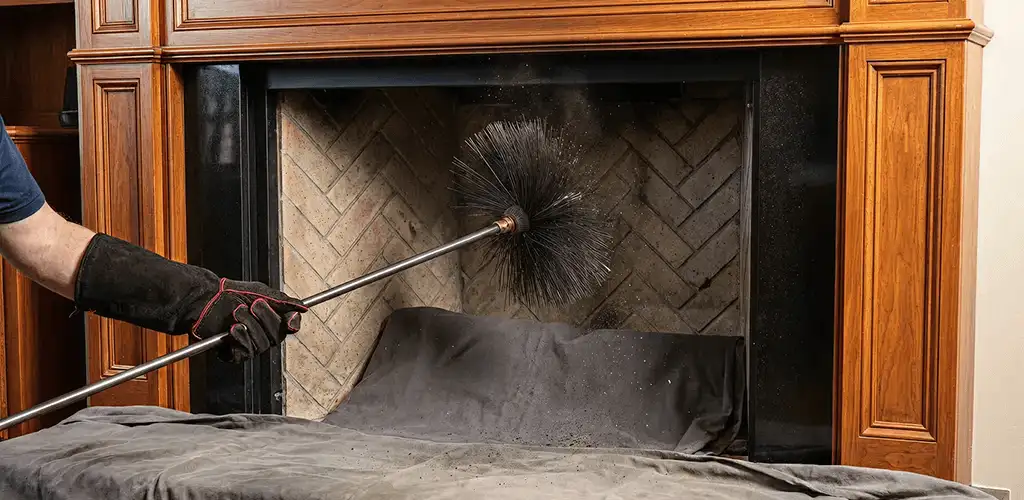 Chimney cleaning service brushing soot from a fireplace and flue in Duluth, MN