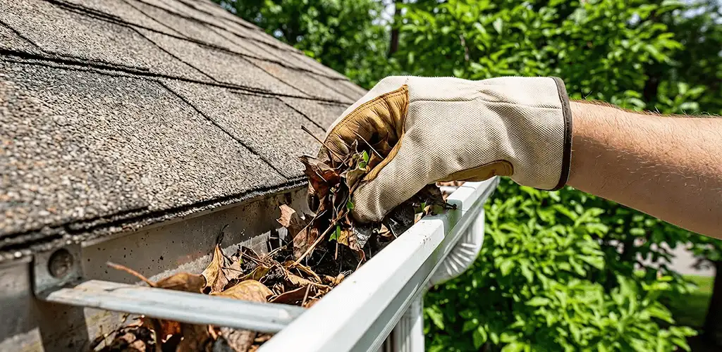 Gutter cleaning removing leaves and debris from roof gutters in Duluth, MN