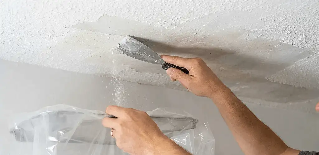 Popcorn ceiling removal technician scraping texture from a ceiling in Duluth, MN