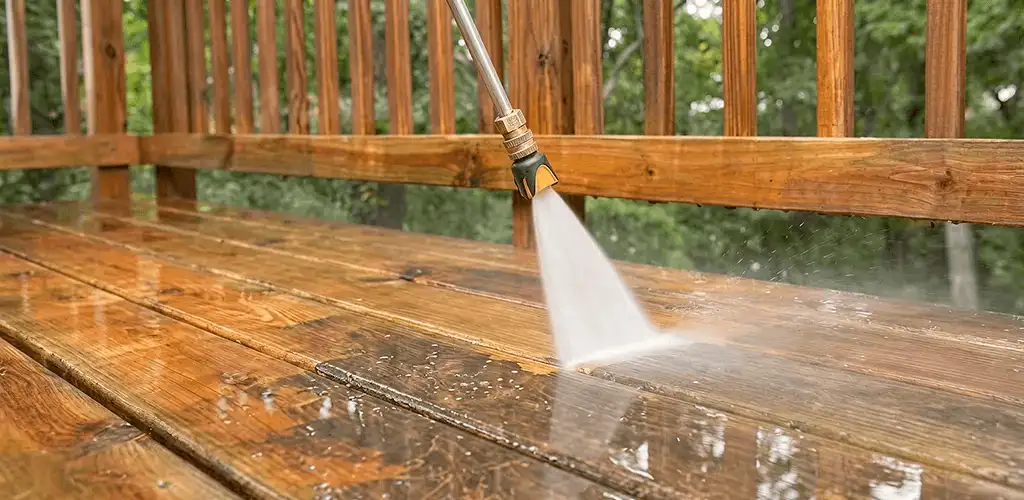Pressure washing a wood deck to remove dirt and buildup in Duluth, MN