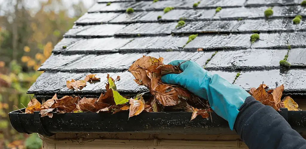 Gutter cleaning technician clearing wet leaves from roof gutters in Duluth, MN