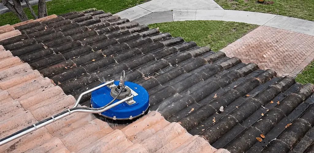 Roof pressure cleaning removing debris and buildup from roof tiles in Duluth, MN